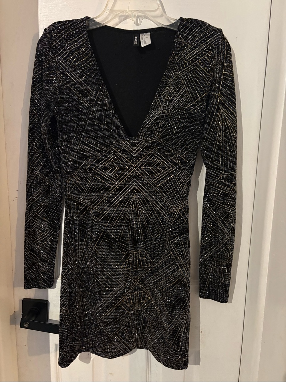 H&M divided Long-Sleeve Black & Gold Deep V Mini Dress